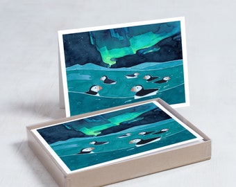 Puffins Northern Lights Christmas Card Set Holiday Stationery