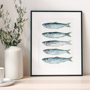 Sardines Fish Watercolor Art Print Coastal Kitchen Art Fisherman Gift