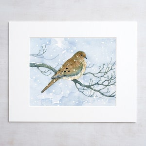 Mourning Dove On Dogwood in Snow Watercolor Print Bird Wall Art