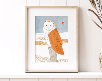 Barn Owl Folk Art Print Winter Landscape Watercolor Bird Painting