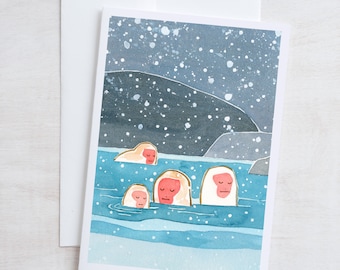 Snow Monkeys Card Winter Holiday Animal Card Japanese Wildlife Art