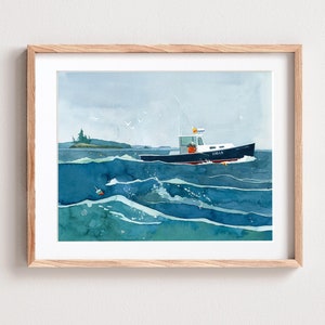 May include: A watercolor painting of a blue and white boat with a red stripe, sailing on a blue and green ocean with whitecaps. The boat has a yellow flag and the text "1286-A" on the side. There are small islands in the background.