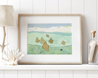 Pijlstaartroggen Art Print Cownose Rays aquarel strand print, nautische decor