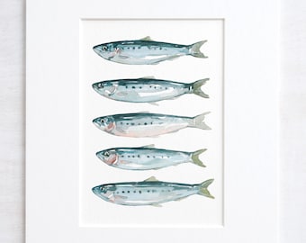 Sardinas Pescado Acuarela Arte Impresión Cocina Costera Arte Pescador Regalo