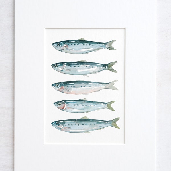 Sardines Fish Watercolor Art Print Coastal Kitchen Art Fisherman Gift