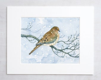 Mourning Dove On Dogwood in Snow Watercolor Print Bird Wall Art