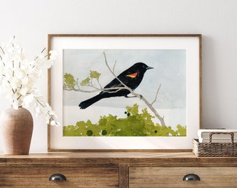 Red Winged Blackbird Watercolor Print Bird Painting Wall Art