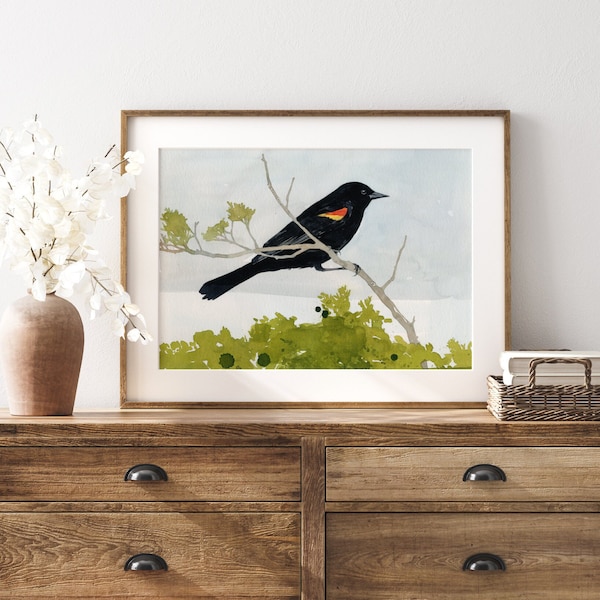 Red Winged Blackbird Watercolor Print Bird Painting Wall Art