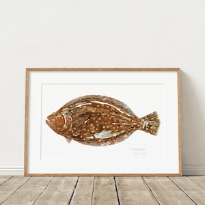 Flounder Watercolor Print, Nautical Fish Art Coastal Fish Decor Fisherman Gift Angler Present