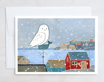 Snowy Owl Coastal Village Christmas Card Coastal Holiday Card