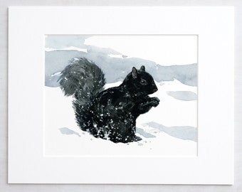 Black Squirrel Print Winter Snow Animal Watercolor Painting