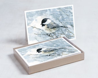 Chickadee Snow Watercolor Card Set 10 Cards Winter Christmas Card Stationery