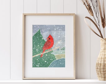 Red Cardinal Snow Art Print Winter Landscape Watercolor Bird Painting