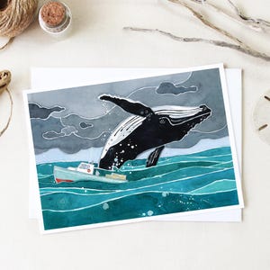 Carte de correspondance sur la casse des baleines Baleine et bateau de pêche