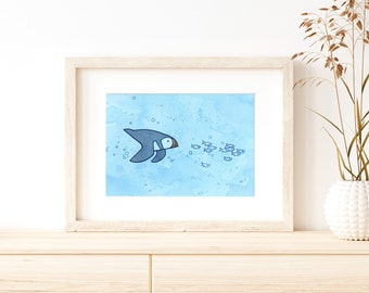 Diving Puffin Art Watercolor Print Whimsical Illustration Wall Art Maine Coastal Art