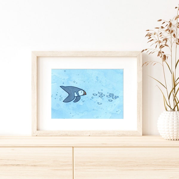 Diving Puffin Watercolor Art Print: Coastal Illustration