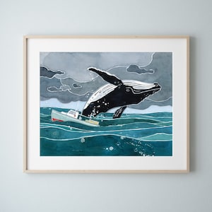 Durchbruch Wal und Hummer Boot Aquarell Kunstdruck Kinderzimmer Kunst Ocean Art Prints Küsten Wanddekor
