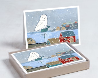 Snowy Owl Coastal Christmas Card Set Nautical Holiday Cards