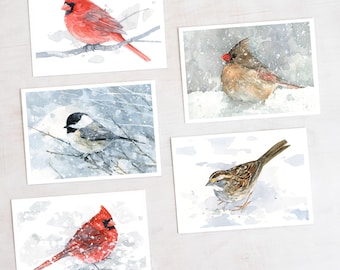 Conjunto de cartões de Natal Winter Birds 10 cartões Aquarela Papelaria para férias de inverno Cardeal Chapim Pardal Pardal