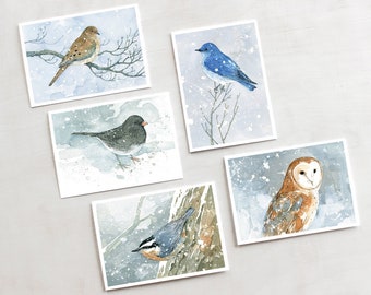 Winter Birds Holiday Cards Mixed Set 2 Birds in Snow Watercolor Christmas Card Set  Festive Stationary