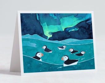 Puffins and Northern Lights Card Illustrated Animal Holiday Card