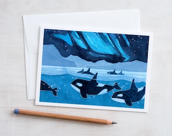 Orcas and Northern Lights Card Illustrated Killer Whales Holiday Card