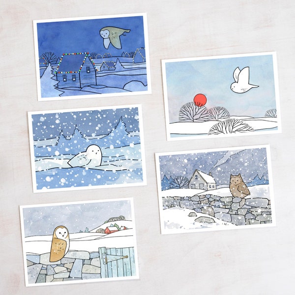 Juego de tarjetas navideñas con búhos 1