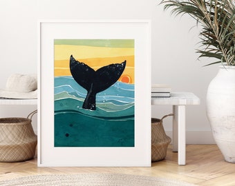 Whale Tail Sunset Art Print Nautical Ocean Watercolor Art