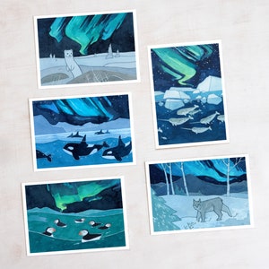 Juego de tarjetas navideñas de auroras boreales, tarjetas festivas con animales, 10 tarjetas, caja de tarjetas de invierno, tarjetas festivas, tarjetas en blanco