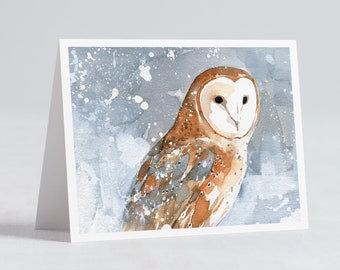 Barn Owl Christmas Card Owl in Snow Watercolor Holiday Card Winter Notecards