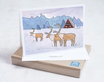 Reindeer Christmas Cards Scandinavian Holiday Whimsical Art Cards