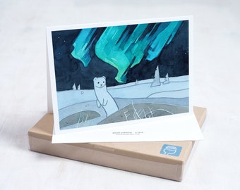 Ermine Northern Lights Holiday Card Set Weasel Christmas Card