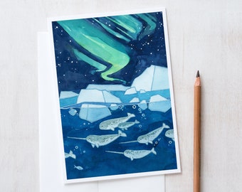 Narwhals and Northern Lights Card Illustrated Winter Holiday Card