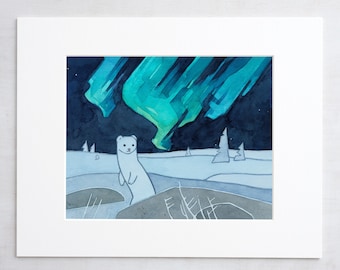 Ermine Weasel Northern Lights Art Print Arctic Gift , Kids Animal Art Aurora Borealis