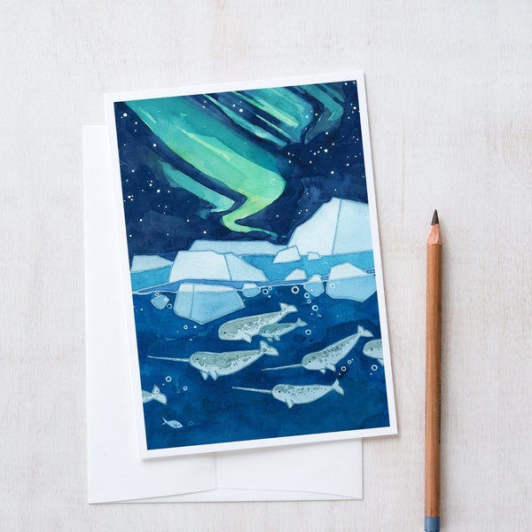 Narwhals and Northern Lights Card Illustrated Winter Holiday Card