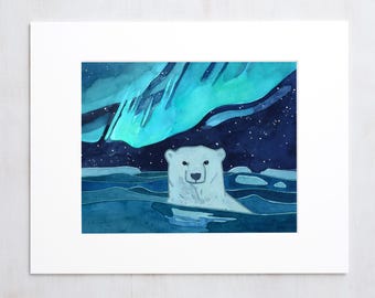 Swimming Polar Bear Northern Lights Watercolor Art Print