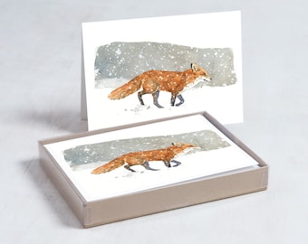 Fox in Snow Christmas Card Set Winter Watercolor Greeting Cards Holiday Cards