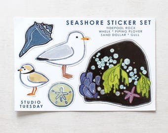 Beach Sticker Set: Seagull, Shell, Sand dollar, Piping Plover Stickers