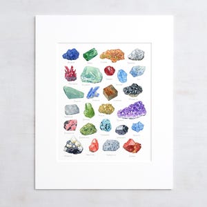 Minerals Alphabet Watercolor Art Print: Gemstone Crystal Poster