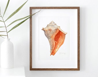 Naranja Buccino Concha Acuarela Arte Impresión Seashell Beach Decor Seashore Art