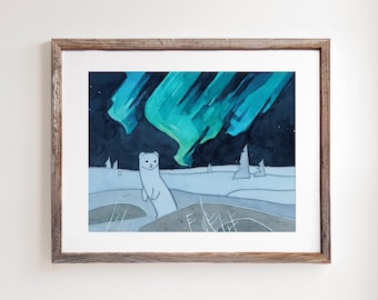 冬の散歩：冬の毛皮をまとったオコジョのプリントイラスト - Etsy 日本