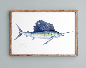 Sailfish Watercolor Print Ocean Fish Painting Coastal Decor