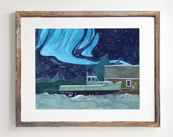 Nautical Watercolor Print Boat and Northern Lights Art: Aurora Borealis Landscape