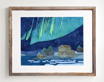 Coastal Village Northern Lights Art Print Aurora Borealis Watercolor