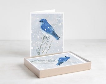 Mountain Bluebird in Snow Watercolor Card Set Winter Bird Holiday Cards