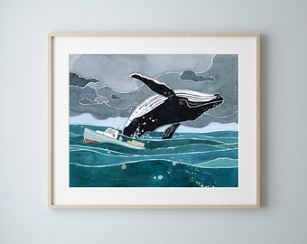 Breaching Whale and Lobster Boat Watercolor Art Print Kids Room Art Ocean Art Prints Coastal Wall Decor