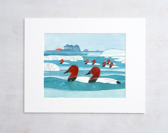 Canvasback Ducks Watercolor Art Print Winter Coastal Wall Art