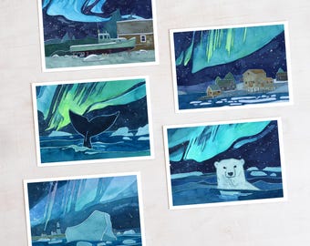 Nautical Northern Lights Christmas Card Set: Blank Winter Holiday Notecards