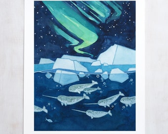 Narwhals Northern Lights Art Print Aurora Borealis Watercolor Art