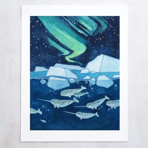 Narwhals Northern Lights Art Print Aurora Borealis Watercolor Art image 1